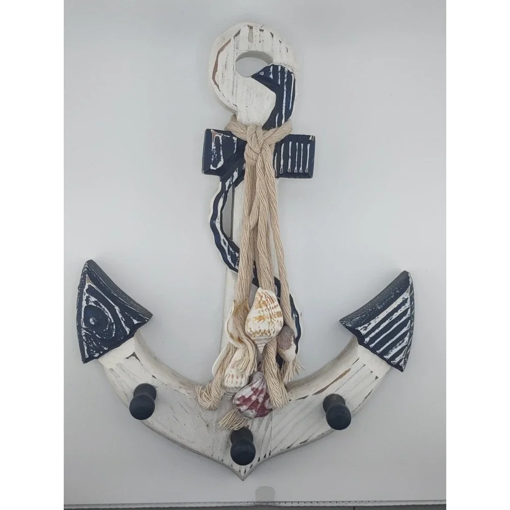 Wooden Anchor‎ Wall Hanger Blue/White Distressed Seashells Rope 3 Pegs